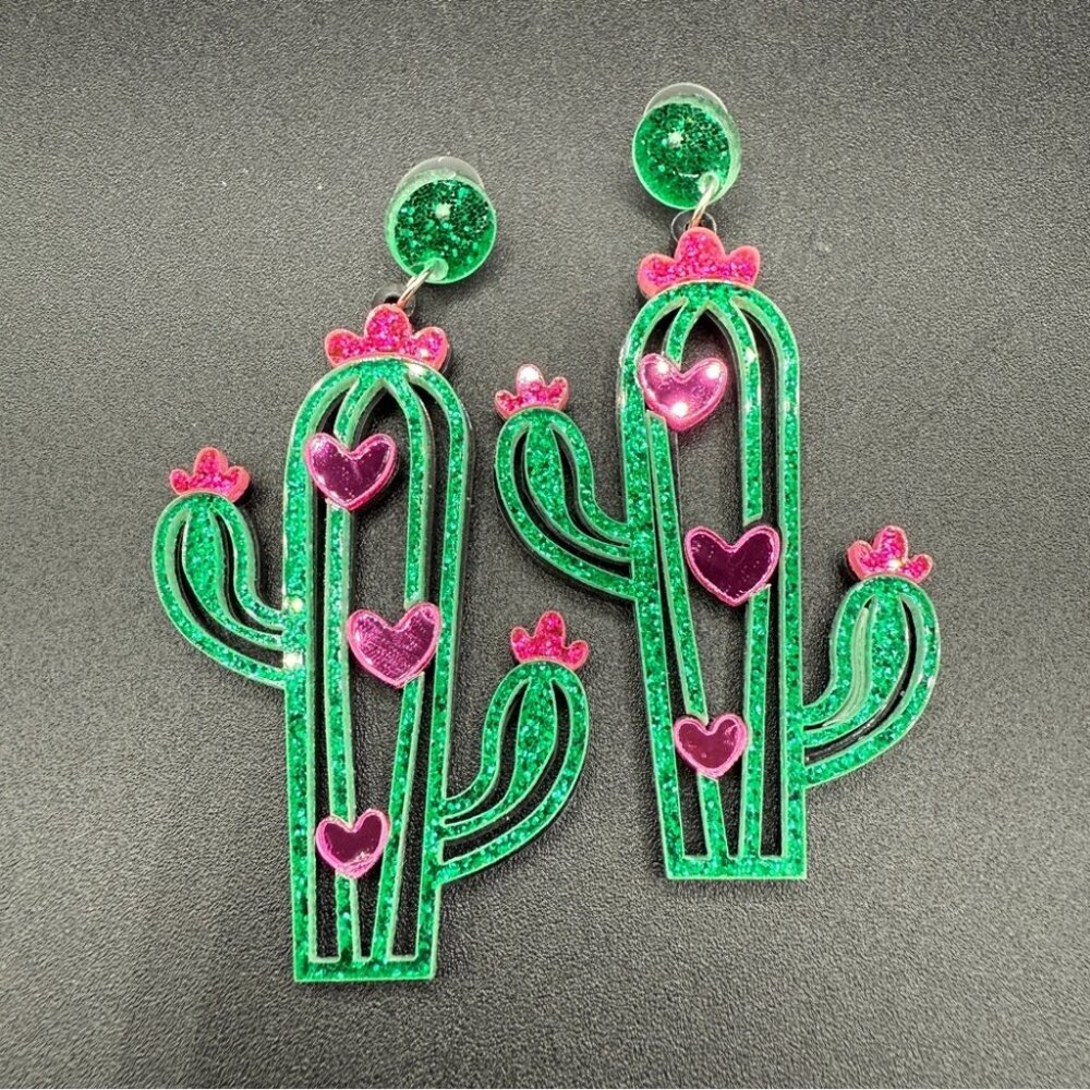 Green and Pink Cactus Earrings - Pierced - Picture 1 of 6